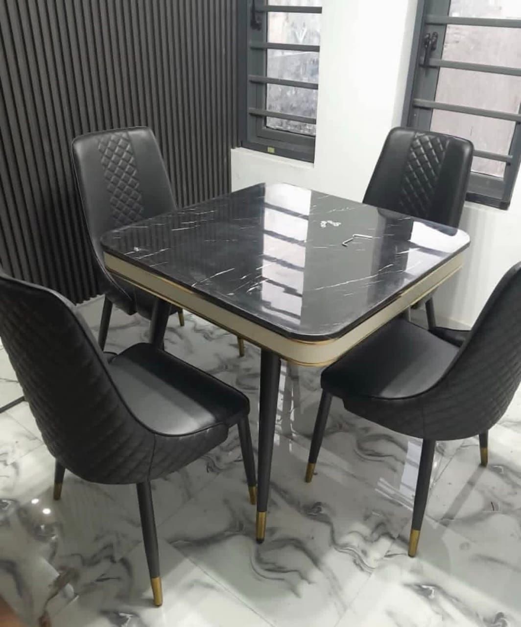 Premium Black Marble-Top Dining Suite (4-Seater)